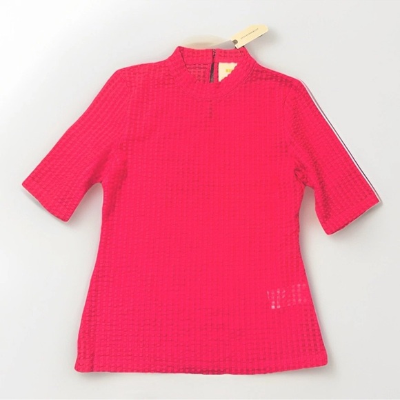 NWT Maeve Anthropologie Sz S Pink Sheer Mesh Mock Neck Short Sleeve Blouse Women - Picture 1 of 7